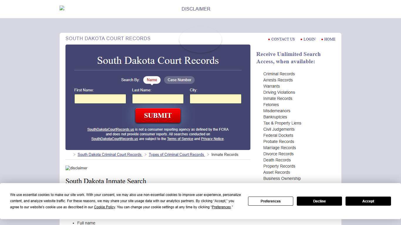 South Dakota Inmate Search SouthDakotaCourtRecords.us